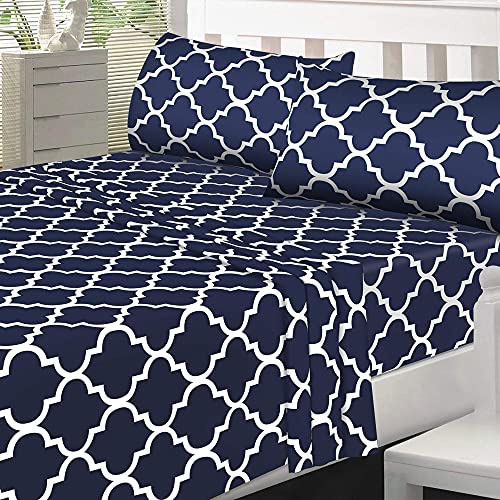 Utopia Bedding - Juego Sábanas de Cama Estampadas - Microfibra Cepillada - Sábanas y 2 Fundas de Almohada - (Cama 150, Azul Marino)