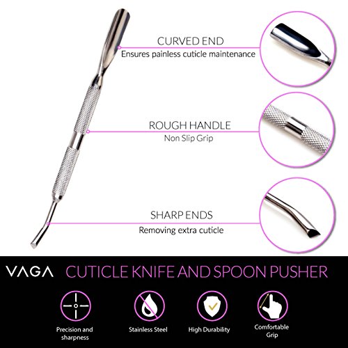 VAGA 4 Herramientas de metal para hacer manicura y pedicura, Kit de uso profesional para podologo quita cutícula, empujador de cuchara, cuchillo, punta plana y filosa, removedor de cuticula de acero