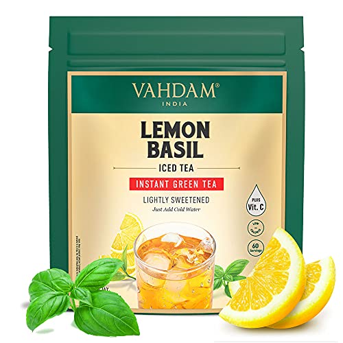 VAHDAM, Té Helado INSTANTÁNEO Limón Albahaca (150g/5.29oz) | Mezcla Té Verde del Himalaya con Vitamina C | Sin Ingredientes Artificiales | Té Frío o Kombucha | Infusión Fría en Polvo Baja en Calorías