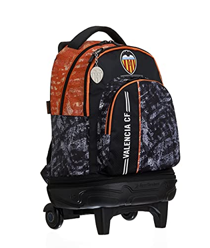 Valencia CF Mochila Escolar con Ruedas Juvenil Tres Compartimentos Doble Cremallera Carro Desmontable 34,5x44,5x23 cm Color Negro, Talla única