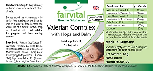 Valeriana Complex - Complejo de Extracto de Valeriana + Lúpulo + Melisa - VEGANO - Dosis elevada - 90 Cápsulas - Calidad Alemana