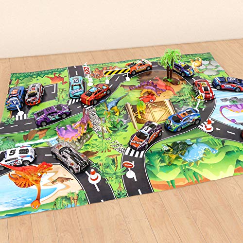 Vanplay Coches Pequeños con Juguetes Dinosaurios, Tapete de Juego, Lanzador de Velocidad y Estuche de Transporte para Niños 43PCS