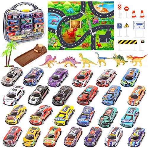 Vanplay Coches Pequeños con Juguetes Dinosaurios, Tapete de Juego, Lanzador de Velocidad y Estuche de Transporte para Niños 43PCS