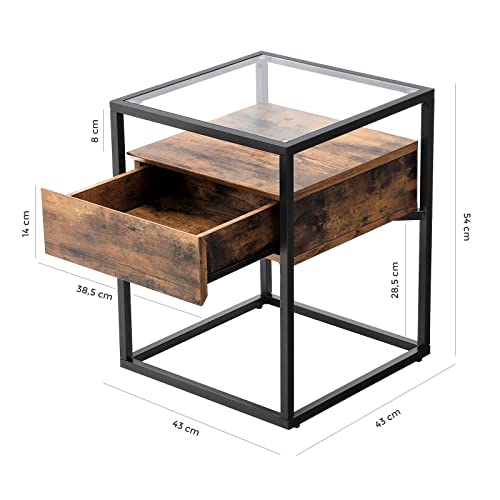 VASAGLE Mesa Auxiliar de Estilo Industrial, Mesa de Consola de Cristal Templado con Cajón y Repisa Rústica, Mesita de Noche, Decoración en el Salón, Marco de Acero, Marrón Rústico y Negro LET04BX