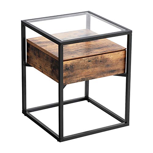 VASAGLE Mesa Auxiliar de Estilo Industrial, Mesa de Consola de Cristal Templado con Cajón y Repisa Rústica, Mesita de Noche, Decoración en el Salón, Marco de Acero, Marrón Rústico y Negro LET04BX