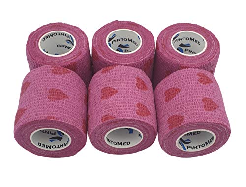 Venda Cohesiva Rosa Love 6 rollos x 5 cm x 4,5 m autoadhesivo flexible vendaje, calidad profesional, primeros auxilios, lesiones de los deportes, rodillos embalados individualmente - Pack de 6