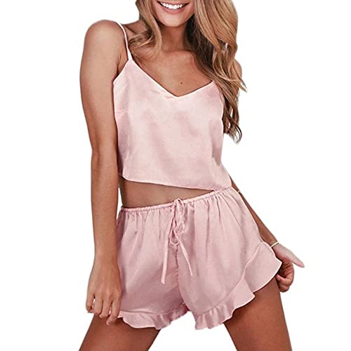 Verano Mujeres Sexy Pijamas Conjuntos Seda Pijamas Ropa de Dormir Babydoll V-cuello Sling