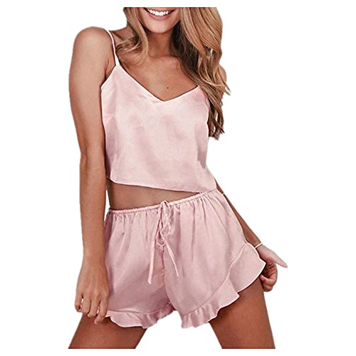 Verano Mujeres Sexy Pijamas Conjuntos Seda Pijamas Ropa de Dormir Babydoll V-cuello Sling