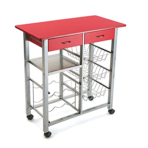 Versa Leicester Carro de Cocina con Ruedas, cajones y botellero, Verdulero con despensa y organizadores, Almacenaje de Cocina, Medidas (Al x L x An) 82 x 40 x 76 cm, Madera y Metal, Color Rojo