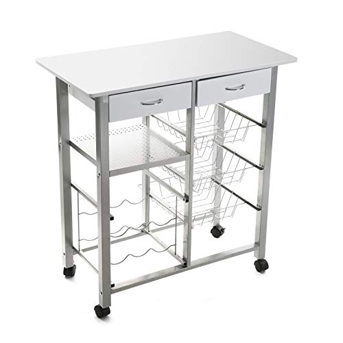 Versa Leicester Carro de Cocina con Ruedas, cajones y botellero, Verdulero con despensa y organizadores, Almacenaje de Cocina, Medidas (Al x L x An) 82 x 40 x 76 cm, Madera y Metal, Color Blanco