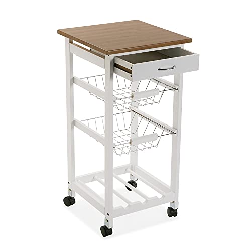 Versa Stamford Carro de cocina con ruedas, cajones y botellero, Verdulero con despensa y organizadores, Almacenaje de cocina, Medidas (Al x L x An) 76 x 37 x 37 cm, Madera, Color Blanco