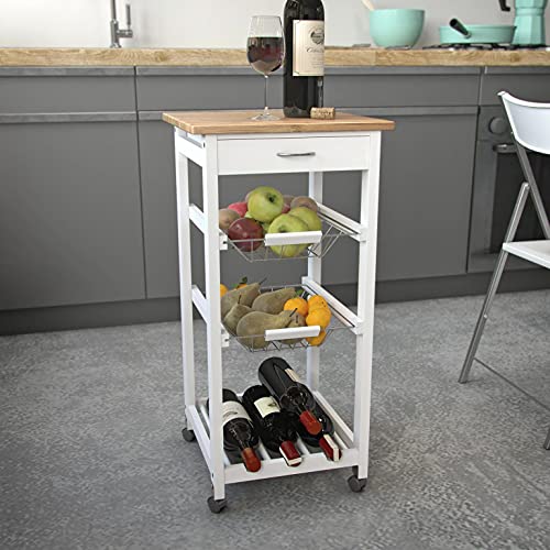 Versa Stamford Carro de cocina con ruedas, cajones y botellero, Verdulero con despensa y organizadores, Almacenaje de cocina, Medidas (Al x L x An) 76 x 37 x 37 cm, Madera, Color Blanco