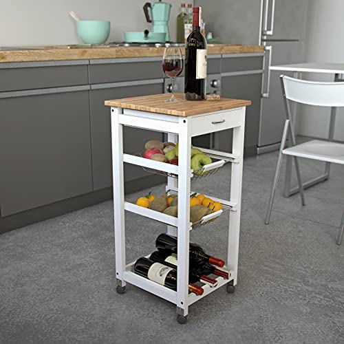 Versa Stamford Carro de cocina con ruedas, cajones y botellero, Verdulero con despensa y organizadores, Almacenaje de cocina, Medidas (Al x L x An) 76 x 37 x 37 cm, Madera, Color Blanco