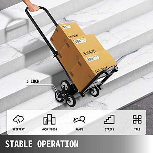 VEVOR Carrito de Mano para Escaleras 330 lbs (150 kg), Carretilla Escaladora Plegable de Acero, con Mango Ajustable de 1145-730 mm, Carro para Subir Escaleras con 6 Ruedas de Goma Sólidas