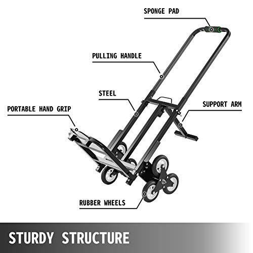 VEVOR Carrito de Mano para Escaleras 330 lbs (150 kg), Carretilla Escaladora Plegable de Acero, con Mango Ajustable de 1145-730 mm, Carro para Subir Escaleras con 6 Ruedas de Goma Sólidas