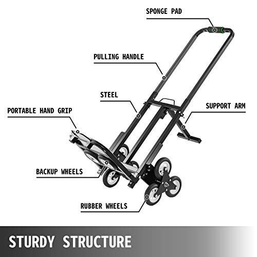 VEVOR Carrito para Escaleras Plegable Capacidad de 330 lbs (150 kg), Carretilla de Mano Portátil para Escalera con Mango Ajustable de 1145-730 mm, de Acero, Carro de Transporte Elevada Estable