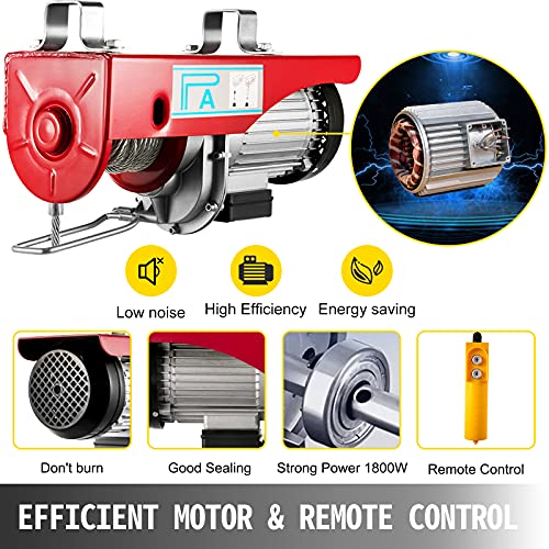 VEVOR Polipasto Eléctrico para Elevación 500/1000kg, 1800W Cabrestante Eléctrico de Acero, 220V, Herramienta de Elevación con Control Remoto