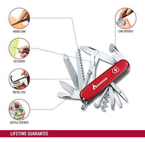 Victorinox Ranger con el texto impreso «Camping» Navaja con 21 funciones, incluyendo tijeras, palillo de dientes, sierra para metal y cincel de madera, de color rojo