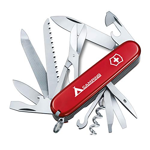 Victorinox Ranger con el texto impreso «Camping» Navaja con 21 funciones, incluyendo tijeras, palillo de dientes, sierra para metal y cincel de madera, de color rojo