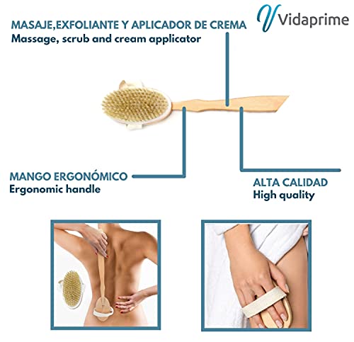 Vidaprime Cepillo Espalda Ducha Cabezal Intercambiable - Body Brush Bamboo Masajeador Anticelulítico - Cepillo Corporal Cerdas Naturales Baño - Cepillo Exfoliante Corporal (Piel Suave)