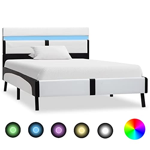 vidaXL Estructura Cama con LED Cuero Sintético Somier Diseño Sencillo Moderno Elegante Cómoda Robusta Resistente Tapizada Blanco y Negro 90x200cm