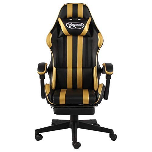 vidaXL Silla Gaming con Reposapié Asiento Sillón Mobiliario Estudio Escritorio Videojuegos Oficina Despacho Ordenadors Cuero Sintético Negro y Dorado