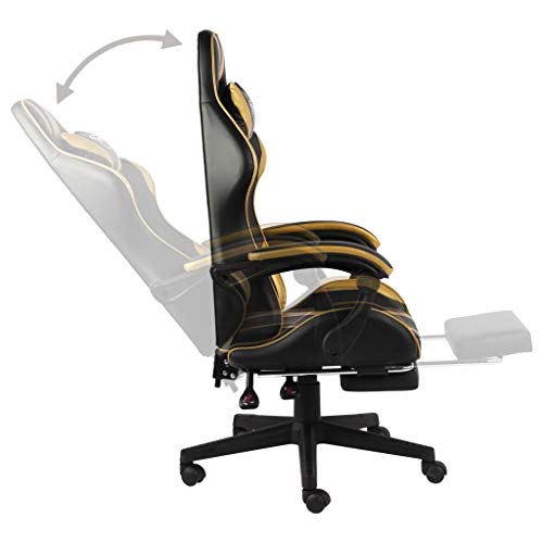 vidaXL Silla Gaming con Reposapié Asiento Sillón Mobiliario Estudio Escritorio Videojuegos Oficina Despacho Ordenadors Cuero Sintético Negro y Dorado