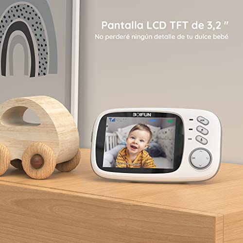 Vigilabebés Cámara, BOIFUN Camara vigilancia Bebe Inteligente con Pantalla LCD de 3.2", VOX, Visión Nocturna, Monitoreo de Temperatura, Despertador, Comunicación Bidireccional, Recargable