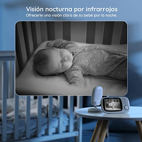 Vigilabebés Cámara, BOIFUN Camara vigilancia Bebe Inteligente con Pantalla LCD de 3.2", VOX, Visión Nocturna, Monitoreo de Temperatura, Despertador, Comunicación Bidireccional, Recargable