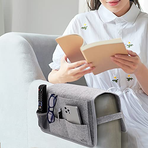 VILSTO Organizador de Sofá Sillón Cama, Reposabrazos Bolsillo para Sofá, Soporte para Mando a Distancia, Bolsa de Almacenamiento, bandejas Decorativas, Soporte para Libros, Tablet, Gafas, Gris Claro