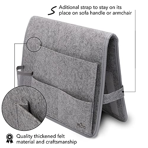 VILSTO Organizador de Sofá Sillón Cama, Reposabrazos Bolsillo para Sofá, Soporte para Mando a Distancia, Bolsa de Almacenamiento, bandejas Decorativas, Soporte para Libros, Tablet, Gafas, Gris Claro