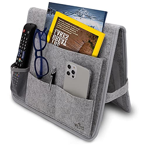 VILSTO Organizador de Sofá Sillón Cama, Reposabrazos Bolsillo para Sofá, Soporte para Mando a Distancia, Bolsa de Almacenamiento, bandejas Decorativas, Soporte para Libros, Tablet, Gafas, Gris Claro