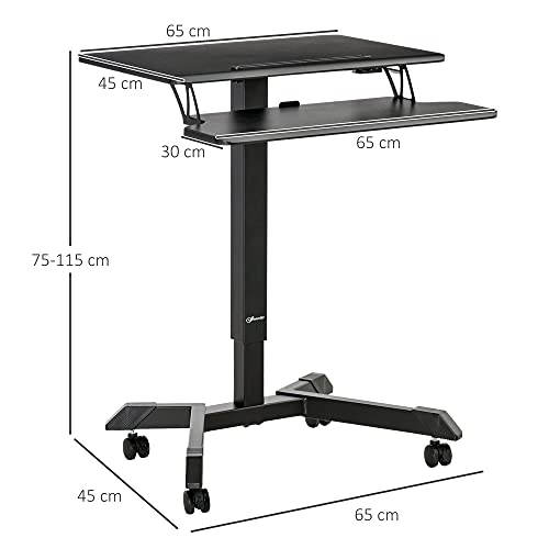 Vinsetto Escritorio de Pie Ajustable en Altura 2 en 1 Mesa para Ordenador Portátil Móvil con 4 Ruedas Bandeja para Teclado Estación de Trabajo 65x45x75-115 cm Negro