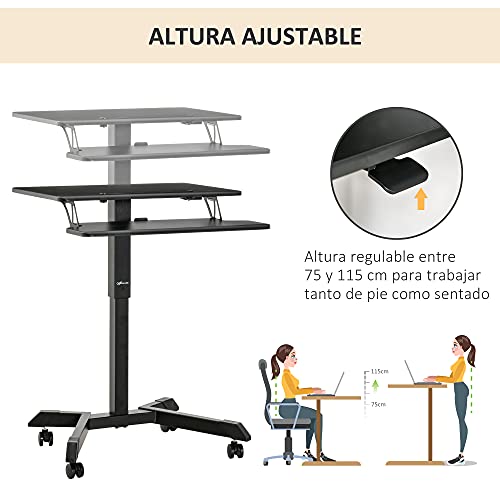 Vinsetto Escritorio de Pie Ajustable en Altura 2 en 1 Mesa para Ordenador Portátil Móvil con 4 Ruedas Bandeja para Teclado Estación de Trabajo 65x45x75-115 cm Negro