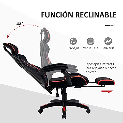 Vinsetto Silla Gaming Giratoria con Reposapiés Retráctil Silla de Oficina Reclinable con Reposacabezas y Altura Ajustable 65x65x119-129 cm Negro y Rojo