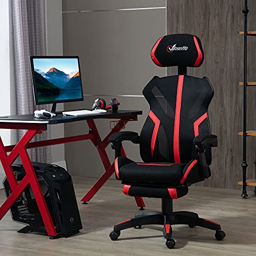 Vinsetto Silla Gaming Giratoria con Reposapiés Retráctil Silla de Oficina Reclinable con Reposacabezas y Altura Ajustable 65x65x119-129 cm Negro y Rojo