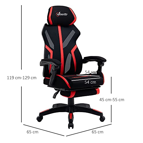 Vinsetto Silla Gaming Giratoria con Reposapiés Retráctil Silla de Oficina Reclinable con Reposacabezas y Altura Ajustable 65x65x119-129 cm Negro y Rojo