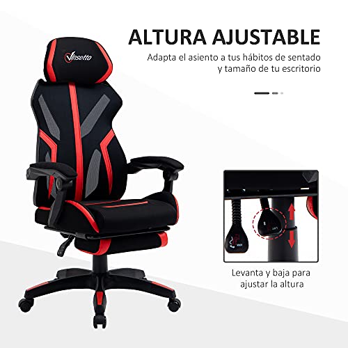 Vinsetto Silla Gaming Giratoria con Reposapiés Retráctil Silla de Oficina Reclinable con Reposacabezas y Altura Ajustable 65x65x119-129 cm Negro y Rojo