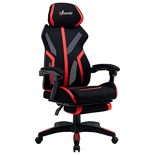 Vinsetto Silla Gaming Giratoria con Reposapiés Retráctil Silla de Oficina Reclinable con Reposacabezas y Altura Ajustable 65x65x119-129 cm Negro y Rojo