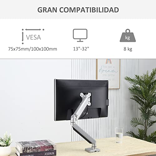 Vinsetto Soporte Monitor para Pantalla LCD LED de 13"-32" VESA 75/100 mm con Brazo de Resorte de Gas Giratorio 360° Altura Ajustable 2 Opciones de Montaje 50x11x19,5-47,5 cm Plata