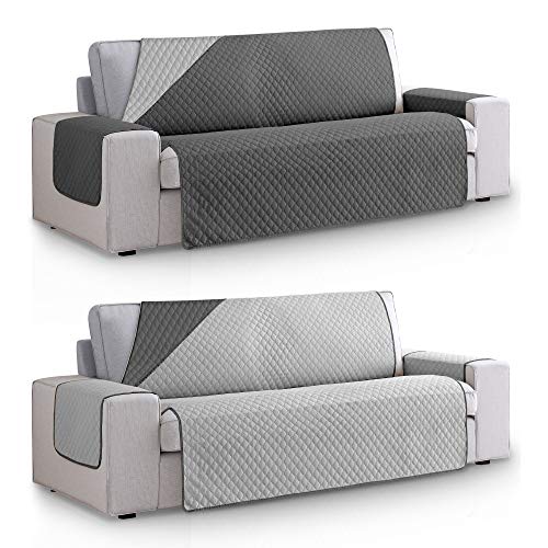 Vipalia Funda Cubre Sofa Acolchado Reversible Bicolor. Cubresofas 4 plazas Rombos. Fundas para Sofa Antimanchas Ajustables. Goma Trasera. Color Gris Oscuro - Gris. Cubre Sofa 4 plazas (200 cm)