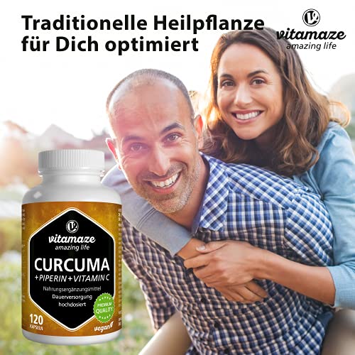 Vitamaze® Cúrcuma Cápsulas + Curcumina Piperina + Vitamina C, 120 Cápsulas Veganas Altamente Biodisponible, 95% Natural Pura Extracto Curcumina, Suplemento sin Aditivos Innecesarios