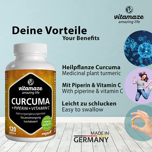 Vitamaze® Cúrcuma Cápsulas + Curcumina Piperina + Vitamina C, 120 Cápsulas Veganas Altamente Biodisponible, 95% Natural Pura Extracto Curcumina, Suplemento sin Aditivos Innecesarios