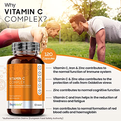 Vitamina C Complex 120 Cápsulas Veganas - Dosis Alta de Vitamina C, Zinc y Hierro, Contribuye Funcionamiento Normal del Sistema Inmunológico Reduce Cansancio, Con Probióticos Vitamina B12 y Cúrcuma