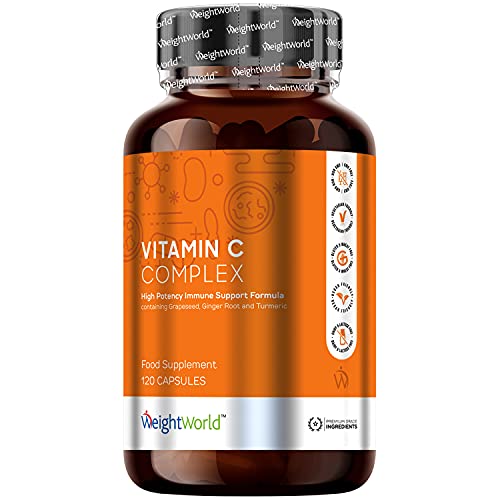 Vitamina C Complex 120 Cápsulas Veganas - Dosis Alta de Vitamina C, Zinc y Hierro, Contribuye Funcionamiento Normal del Sistema Inmunológico Reduce Cansancio, Con Probióticos Vitamina B12 y Cúrcuma