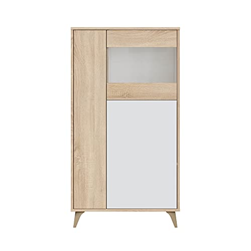 Vitrina con 3 Puertas, Bueffet para salón, Armario Auxiliar,  Modelo Kikua Plus, Acabado en Blanco Artik y Roble Canadian, Medidas: 77 cm (Ancho) x 142 cm (Alto) x 33 cm (Fondo)