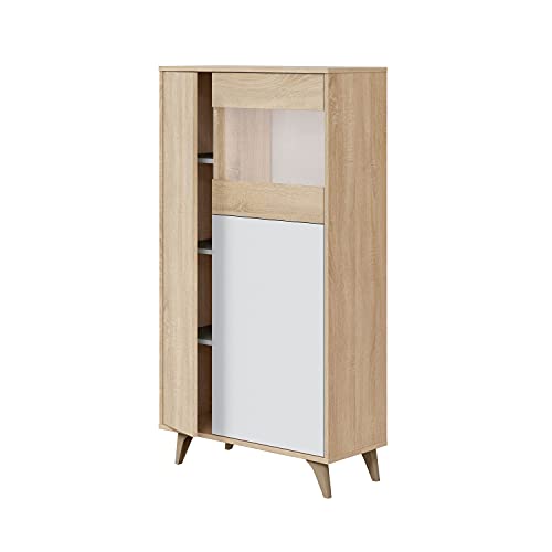 Vitrina con 3 Puertas, Bueffet para salón, Armario Auxiliar,  Modelo Kikua Plus, Acabado en Blanco Artik y Roble Canadian, Medidas: 77 cm (Ancho) x 142 cm (Alto) x 33 cm (Fondo)