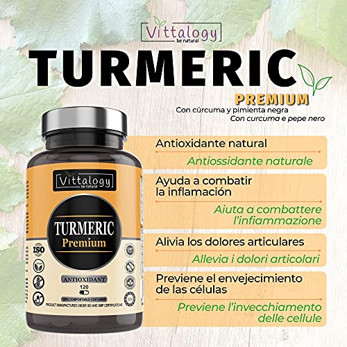 Vittalogy Turmeric Premium. Cápsulas de Cúrcuma Ecológica Con Jengibre y Pimienta, Harpagofito Y Vitamina C. Antioxidante Y Antiinflamatorio Natural. 120 Cápsulas