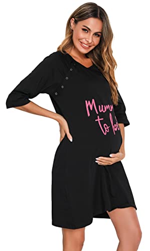 Vlazom Camisón de Lactancia para Mujer, Premamá Camisón de Lactancia de Algodón, Camisón de Labor de Manga 3/5 para Hospital / Hoga(Negro,L)