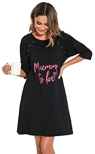 Vlazom Camisón de Lactancia para Mujer, Premamá Camisón de Lactancia de Algodón, Camisón de Labor de Manga 3/5 para Hospital / Hoga(Negro,L)